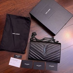 💯 Brand New Authentic YSL BLACK CASSANDRE MATELASSÉ CHAIN WALLET WOC LEATHER